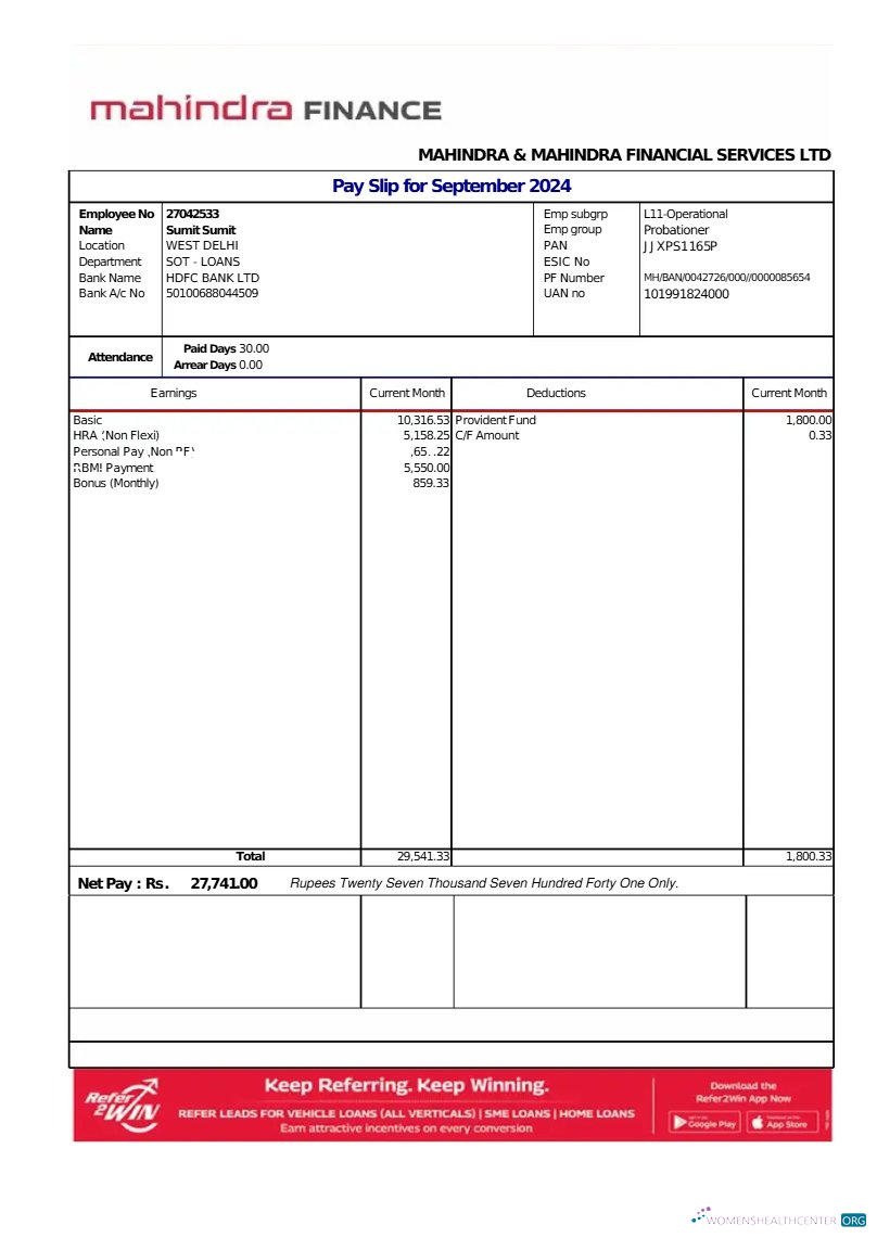 Download Mahindra Financial Services LTD payslip template in Word and PDF formats.pdf, 1 Photoshop template